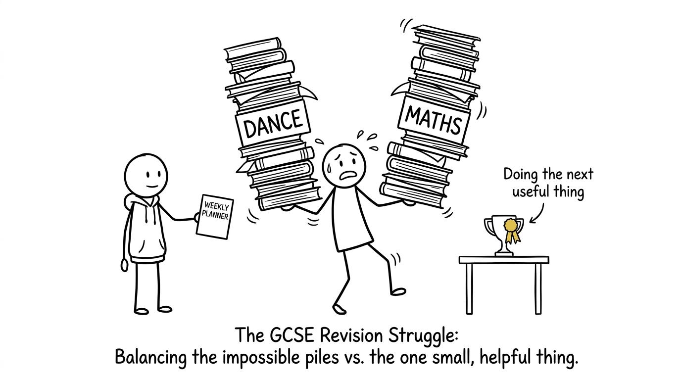A student balances giant Dance and Maths piles while a sibling offers a small weekly planner
