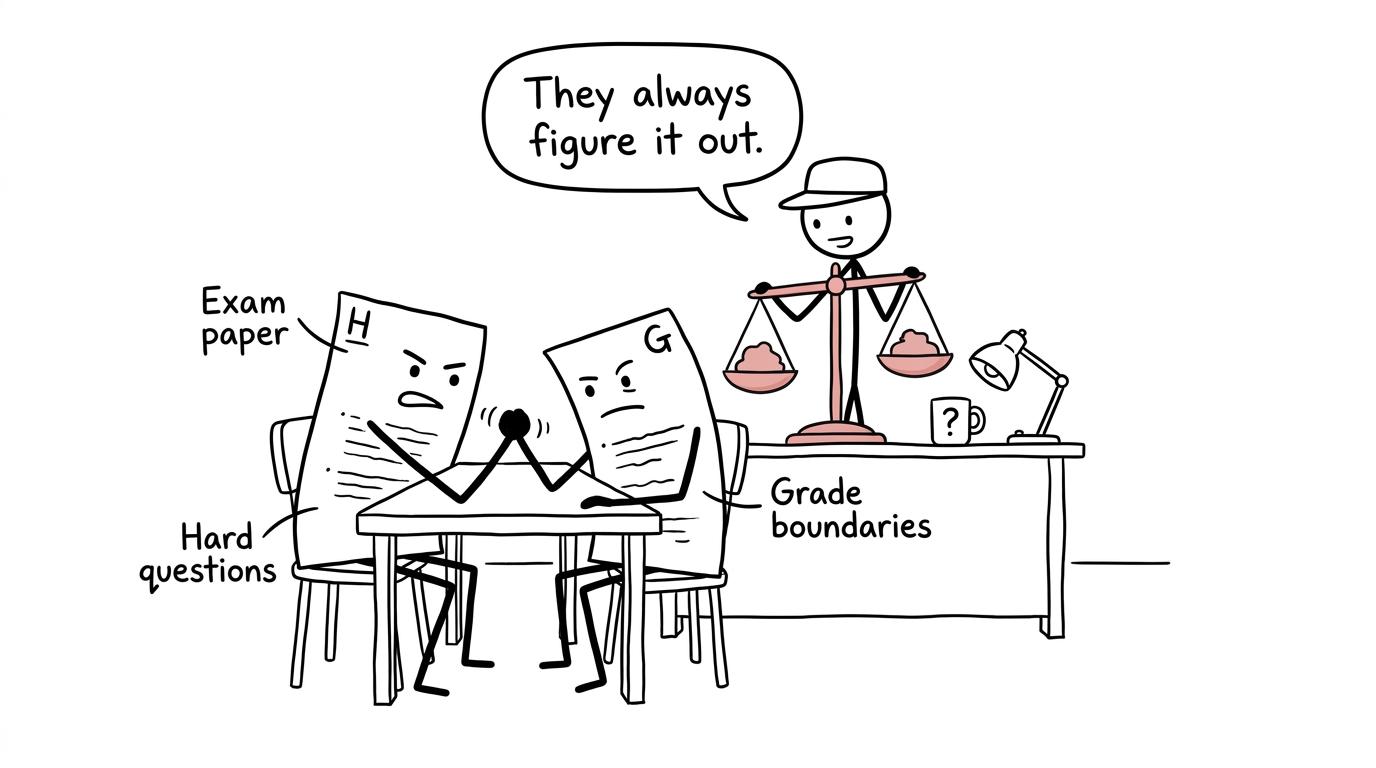 Exam papers arm-wrestling while grade boundaries balance the difficulty