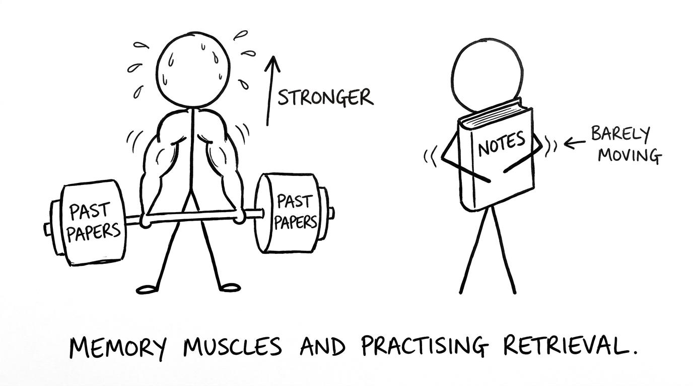 Two stick figures in a gym: one lifting a dumbbell labelled "Past papers" and getting stronger; the other hugging a book labelled "Notes" and barely moving.