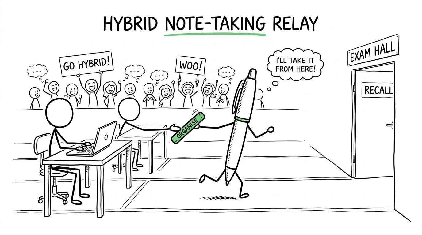 A laptop and pen working as a revision relay team, passing from organisation to recall