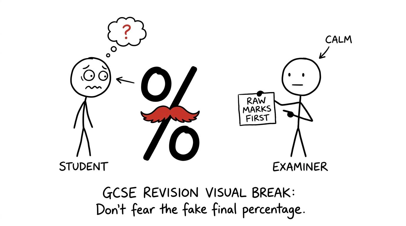 A percentage sign tries to disguise itself while a student learns that raw marks come first
