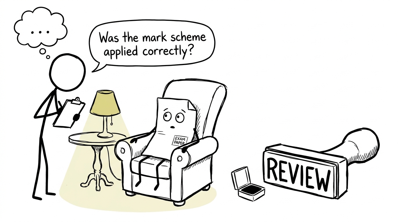 An examiner questioning an exam paper about whether the mark scheme was applied correctly