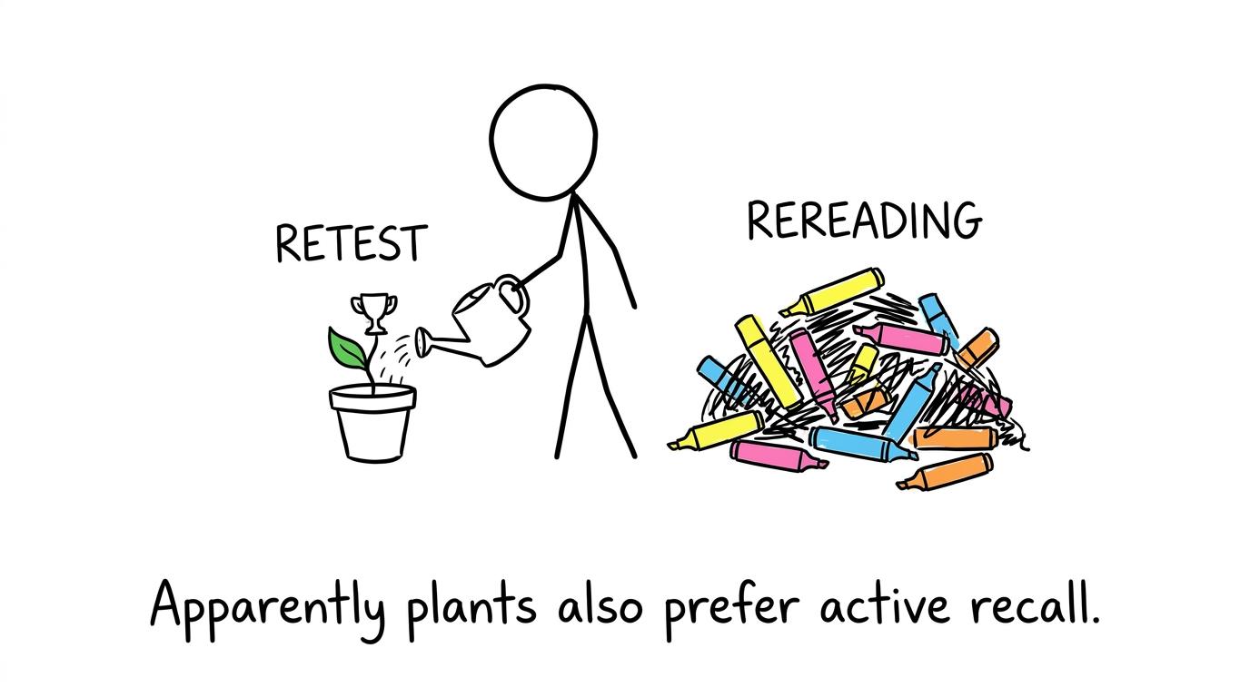 A small retest plant thrives while a pile of passive rereading is ignored