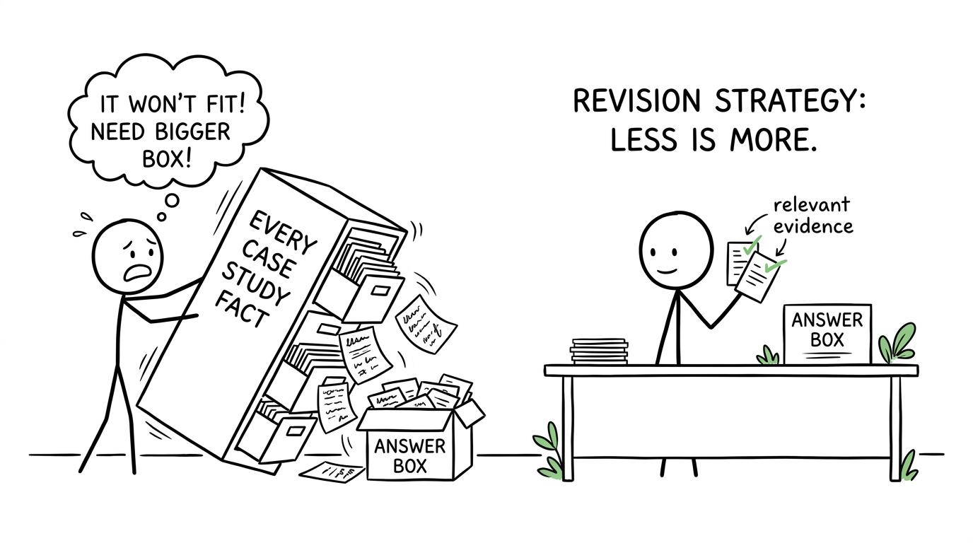 A student trying to squeeze every case-study fact into one tiny answer box