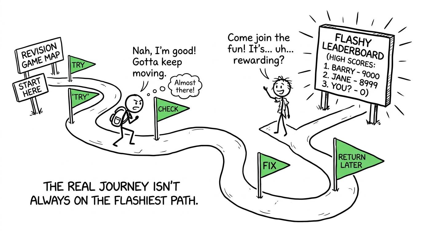 A revision path rewards trying, checking, fixing and returning later while a leaderboard leads nowhere