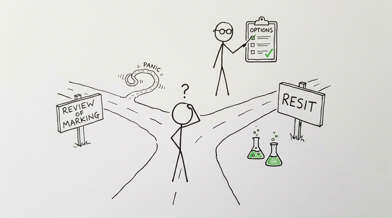 A calm decision path between review, resit and panic