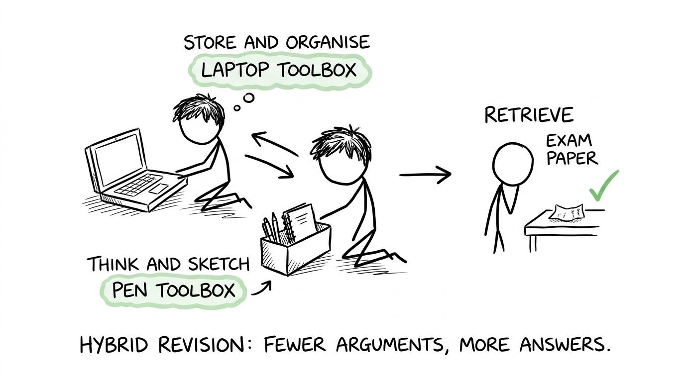 A student uses a laptop for organisation, a pen for thinking and an exam paper for retrieval