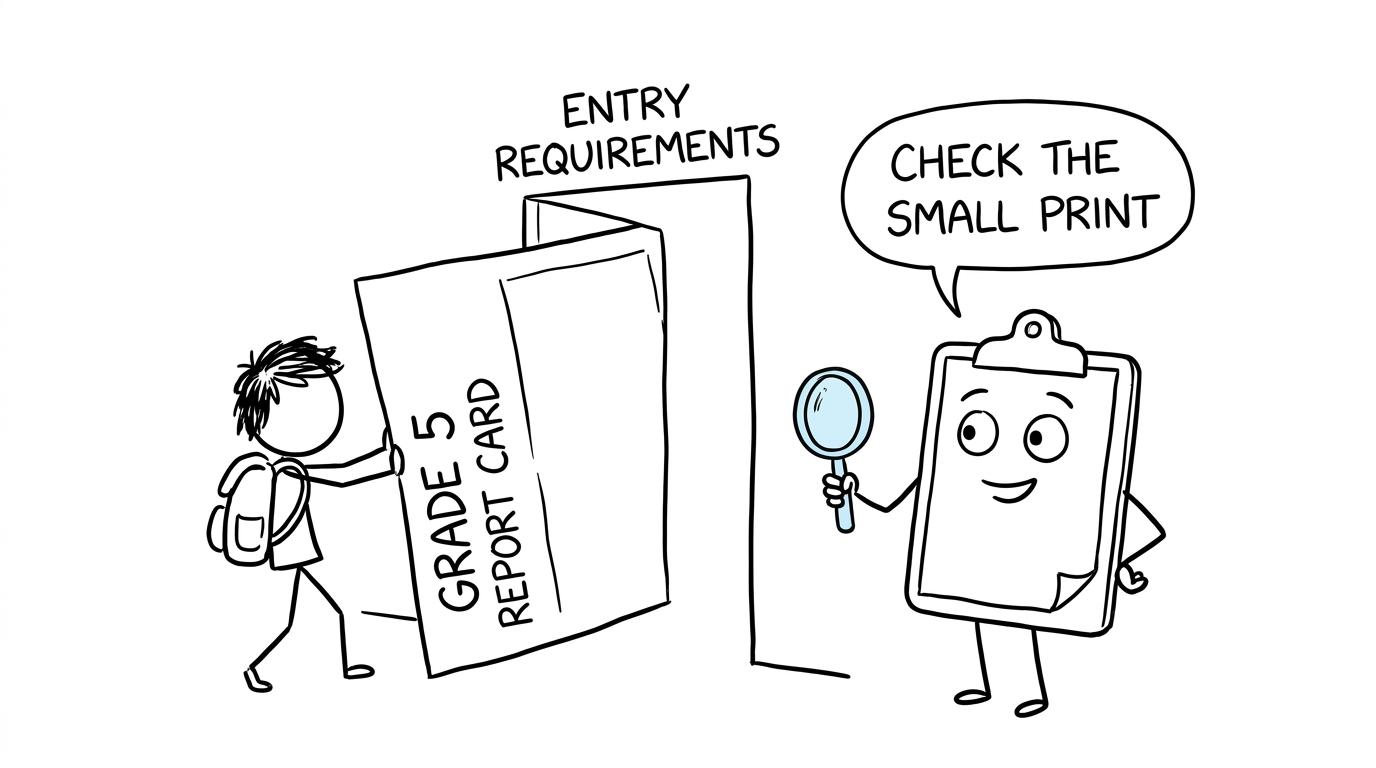 A Grade 5 report card meeting the small print at the admissions doorway