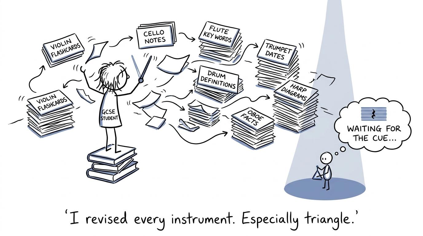 A student conducting an orchestra of revision flashcards