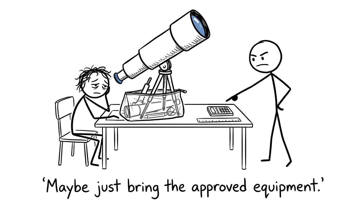 A student discovers that a telescope does not fit inside an exam pencil case