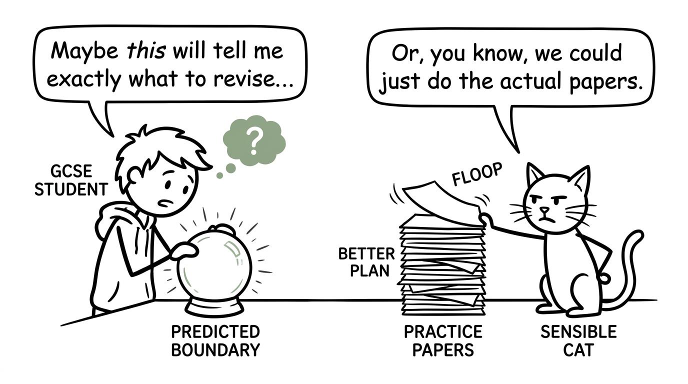 A crystal ball loses an argument with a stack of practice papers