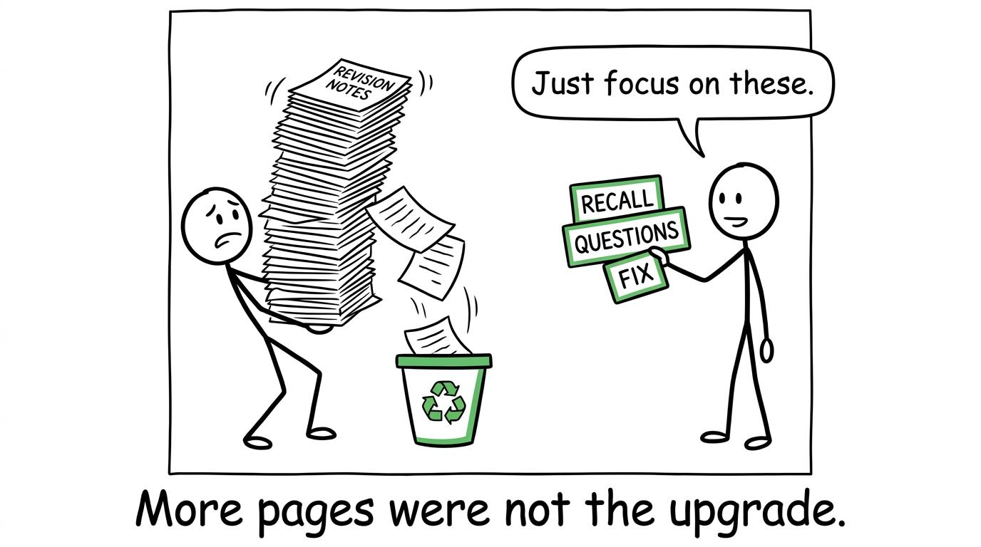 A giant pile of notes loses to three useful revision cards