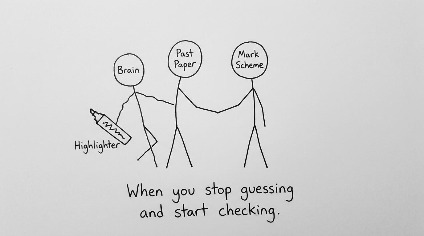 Past Paper and Mark Scheme shaking hands while Brain photobombs