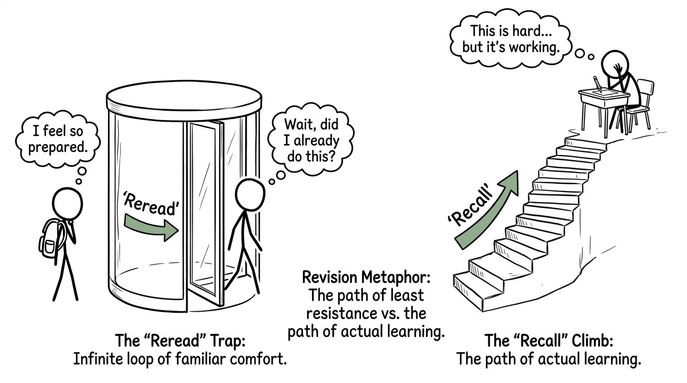 A comfortable rereading loop beside a recall staircase leading towards an exam