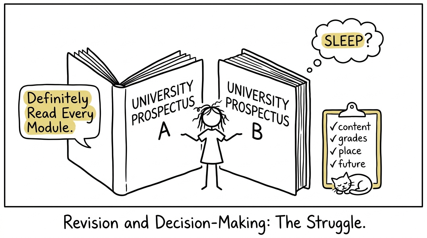A student comparing enormous university prospectuses with a tiny checklist