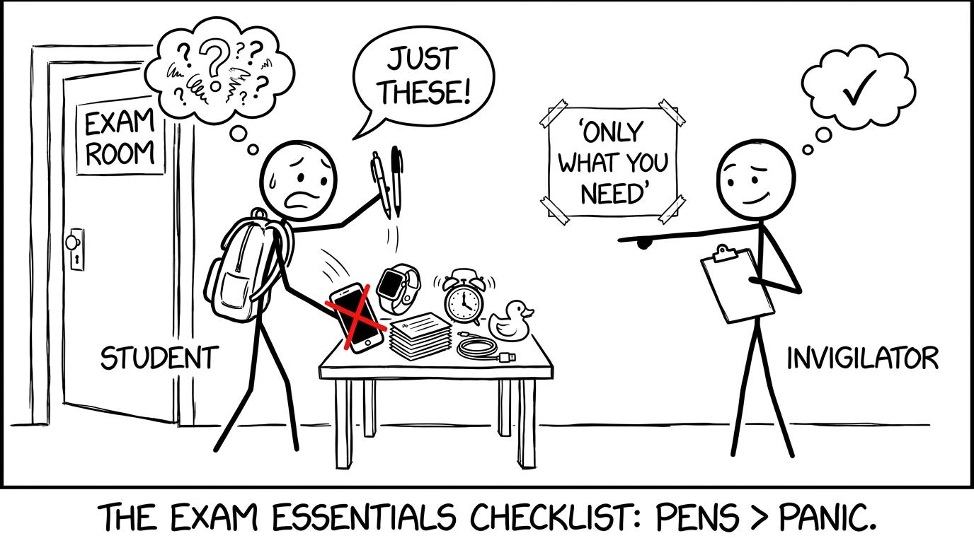 A student removes an impressive collection of forbidden gadgets before the exam