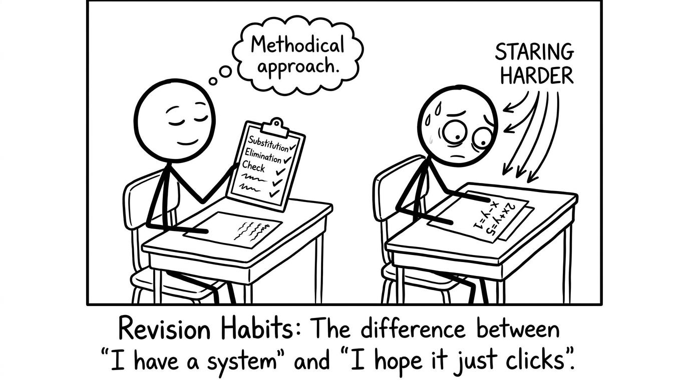 Exam hall: one student uses checklist, another tries staring harder