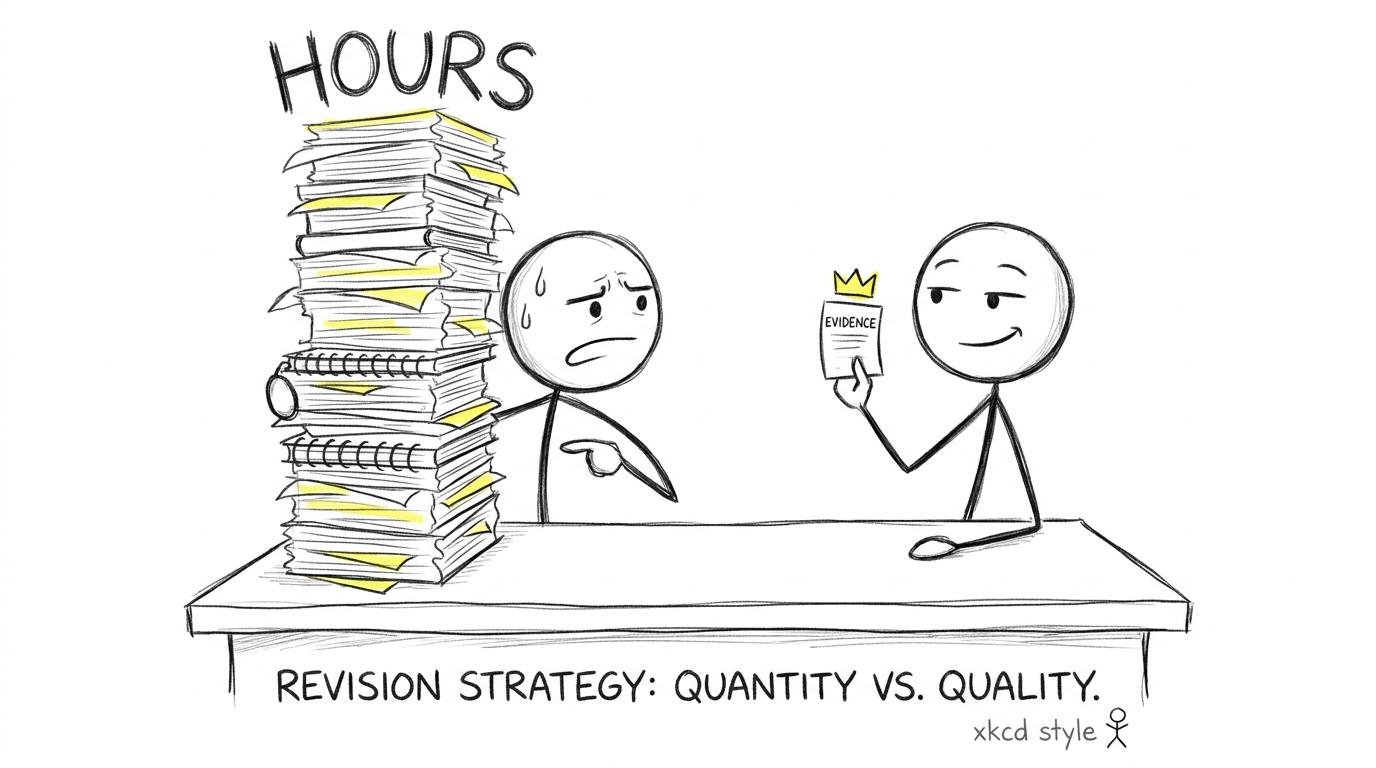 A tiny marked practice paper wearing a crown beside a tower of revision hours