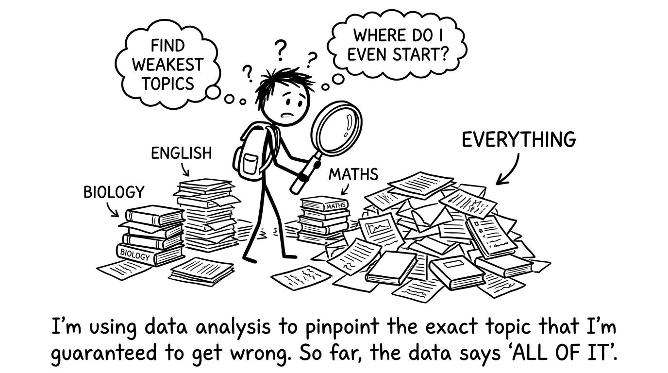 A student searching for weakest topics with a magnifying glass