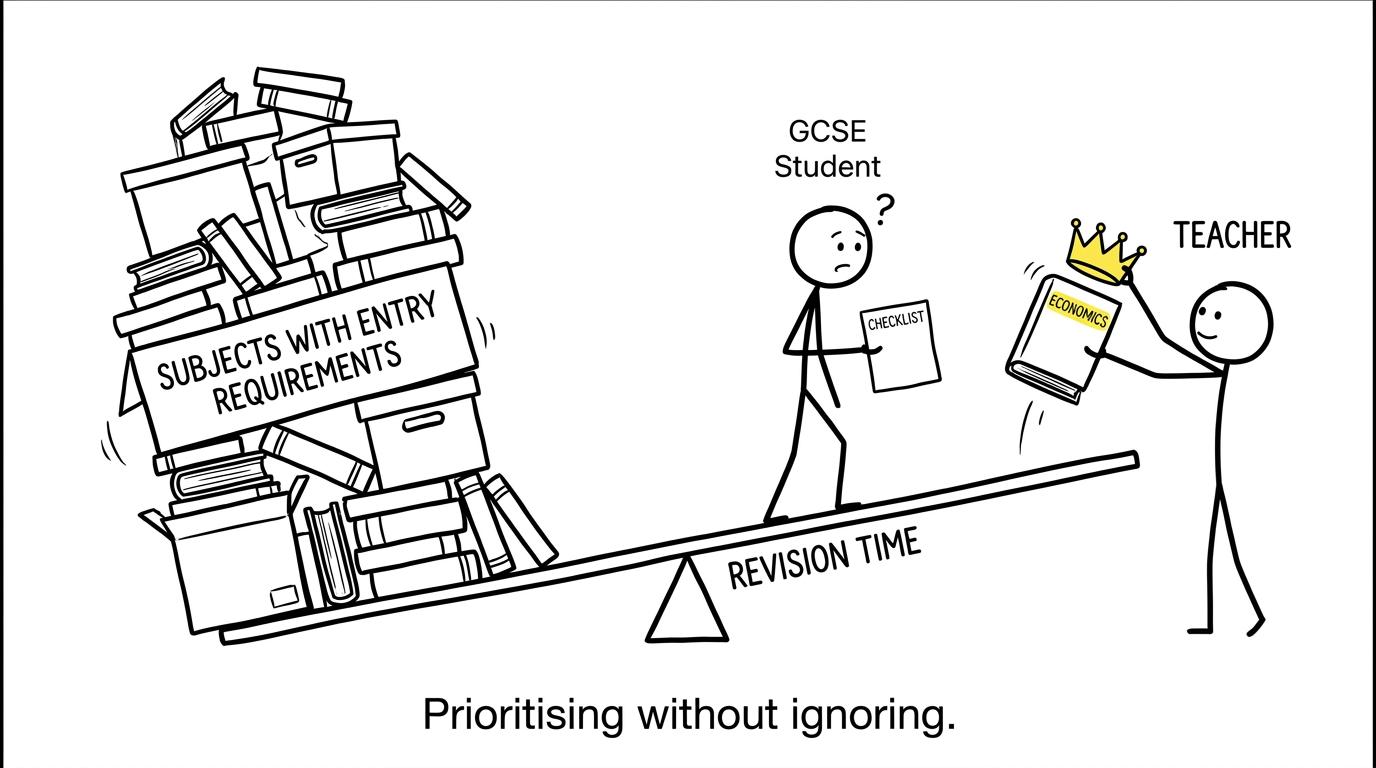 A student balancing revision priorities while an Economics textbook wears a crown