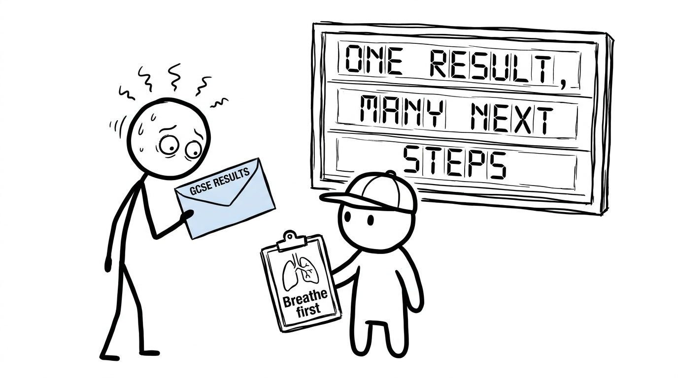 A nervous student opens a results envelope beside a tiny coach reminding them to breathe