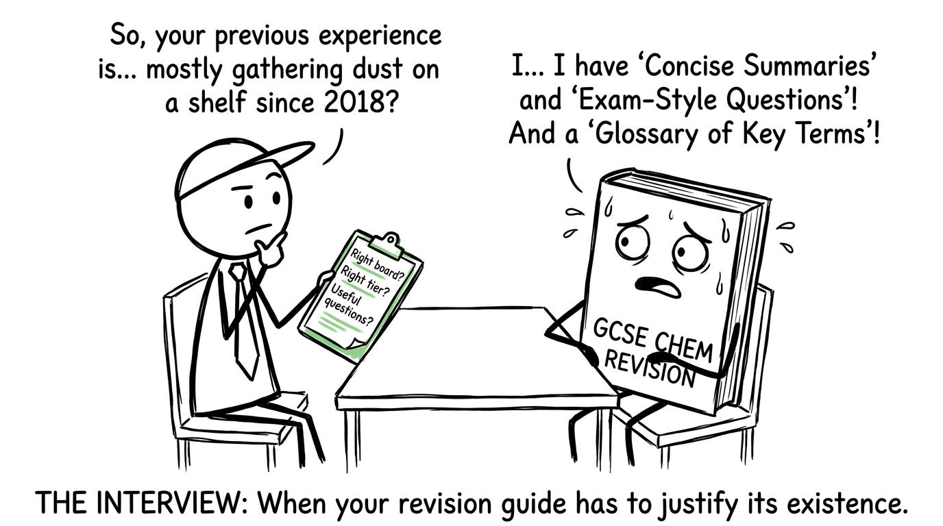 A chemistry revision guide being interviewed by a student with a practical buying checklist