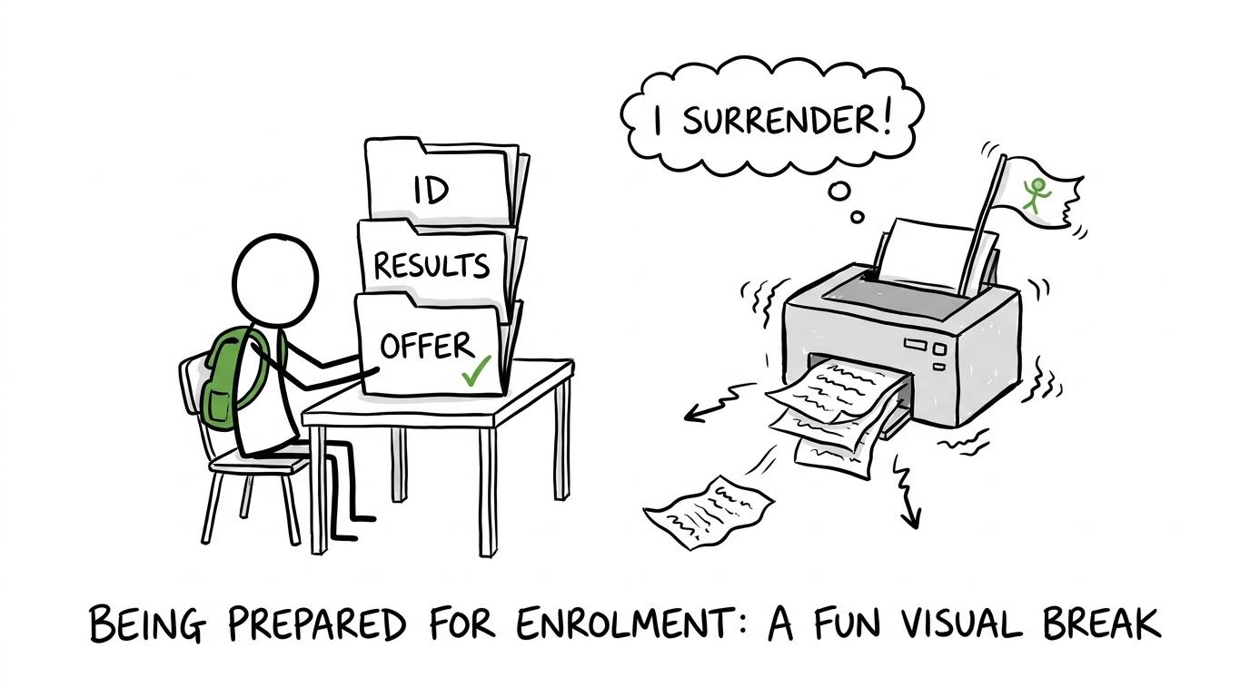 A calm student organises ID, results and offer documents while a printer surrenders