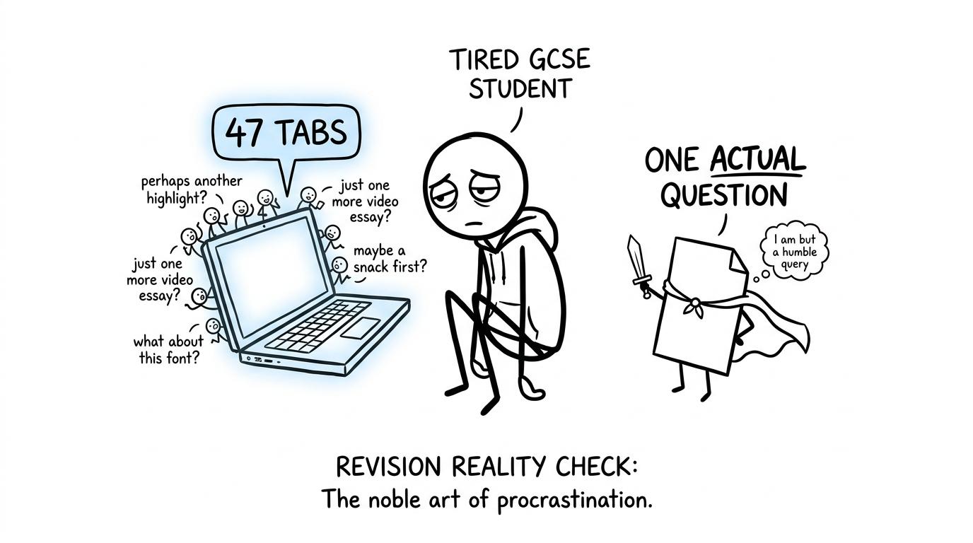 A student choosing between a laptop with too many tabs and one useful sheet of paper