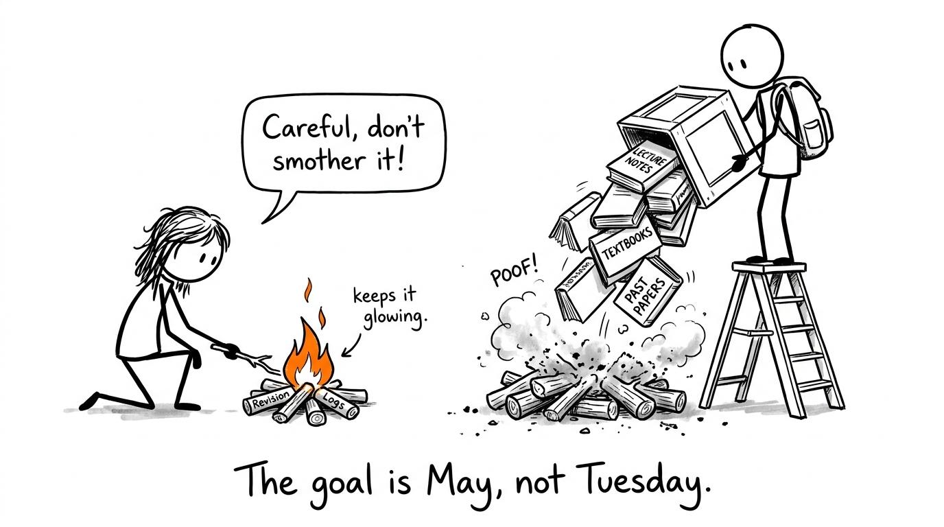 A steady revision campfire lasts longer than a sudden bonfire