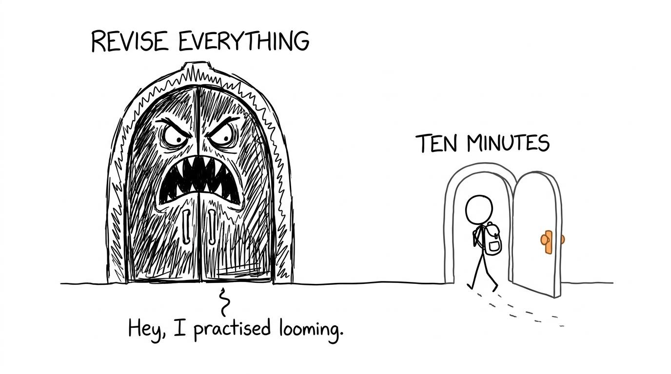 A student choosing the friendly ten-minute revision door