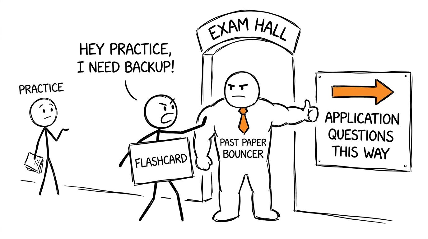 A flashcard discovering that it needs practice questions to enter the exam hall