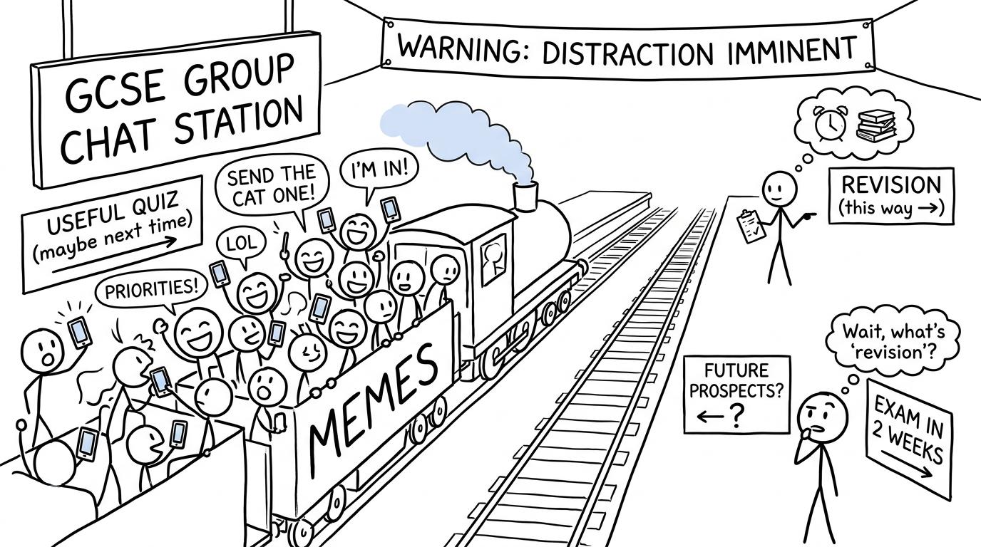 A noisy group chat choosing between revision and memes