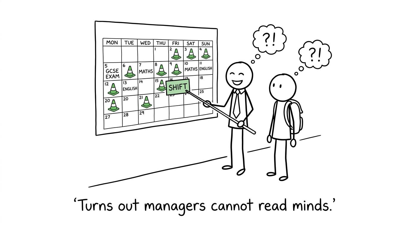 A student and manager move a shift away from exam dates on a rota