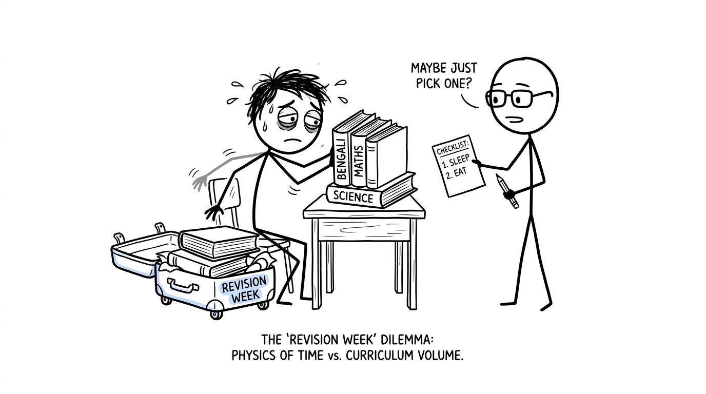 A student trying to fit Bengali, maths and science into a revision-week suitcase