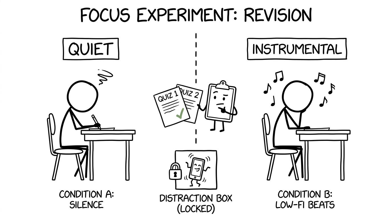 A student comparing quiet and instrumental revision sessions