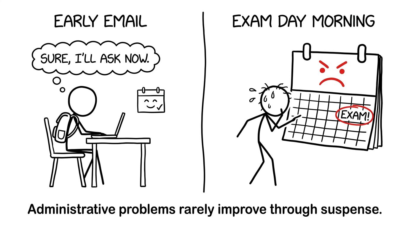 A student emailing early beside a calm calendar and waiting too long beside an alarmed calendar