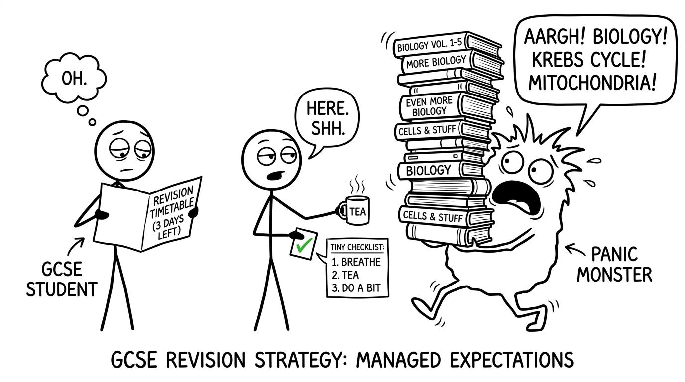 A student calming the revision panic monster with a checklist