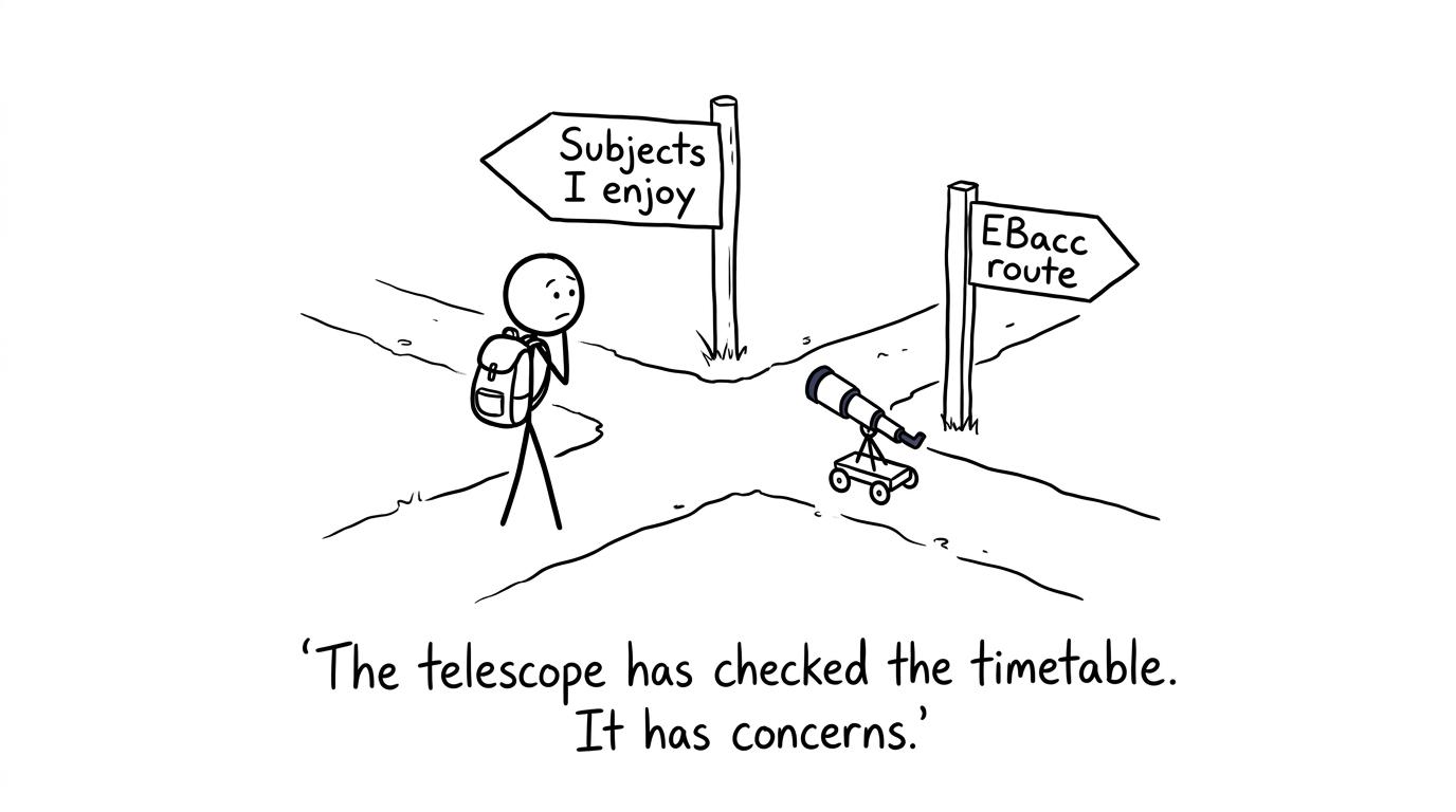 A student, an EBacc signpost and a concerned telescope at an options crossroads