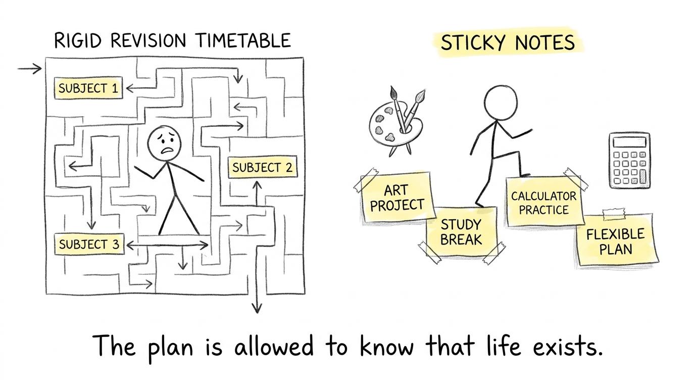 One student is trapped in a rigid timetable maze while another crosses movable sticky-note stepping stones