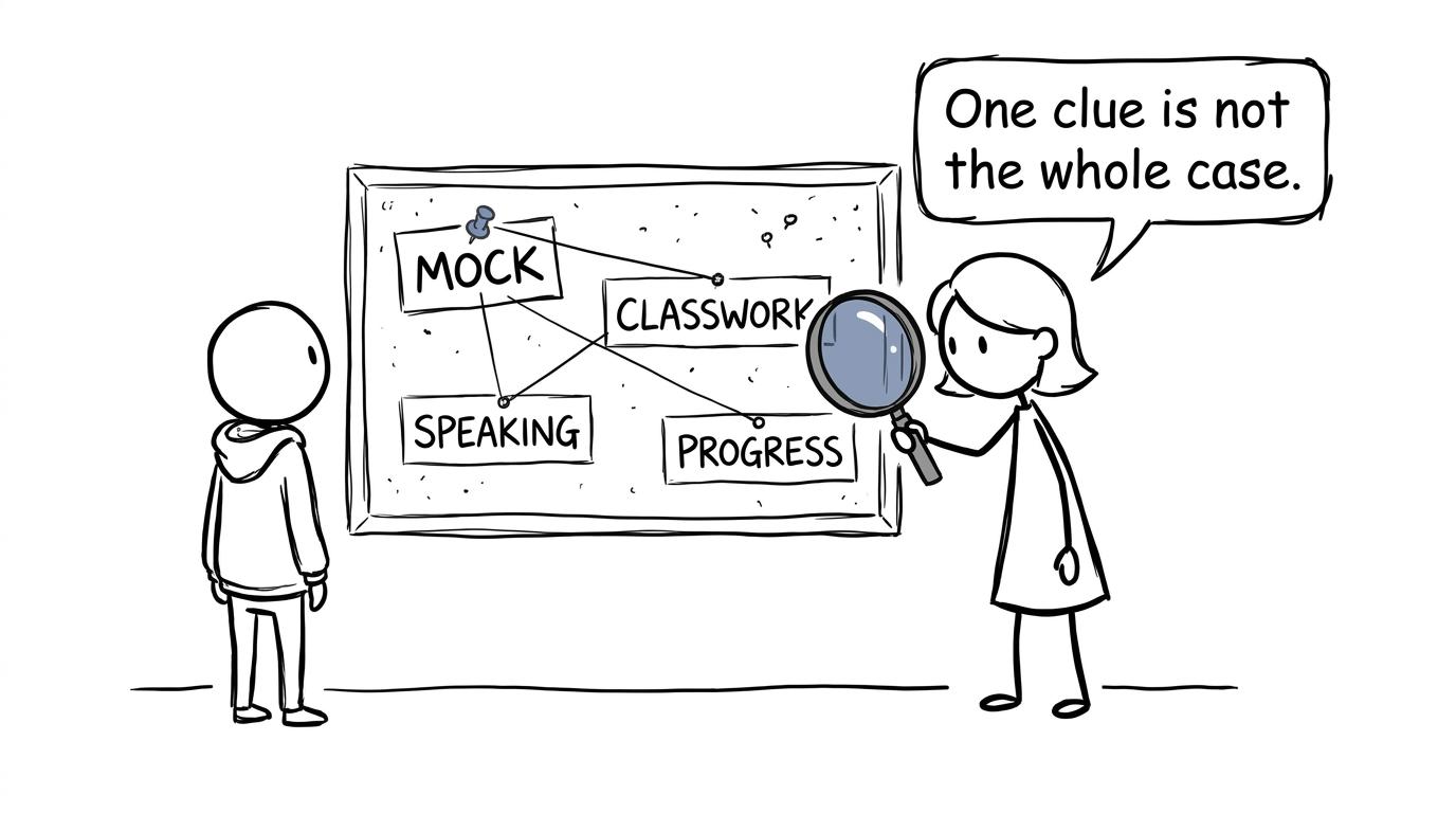 A teacher investigates mock, classwork, speaking and progress evidence rather than relying on one clue