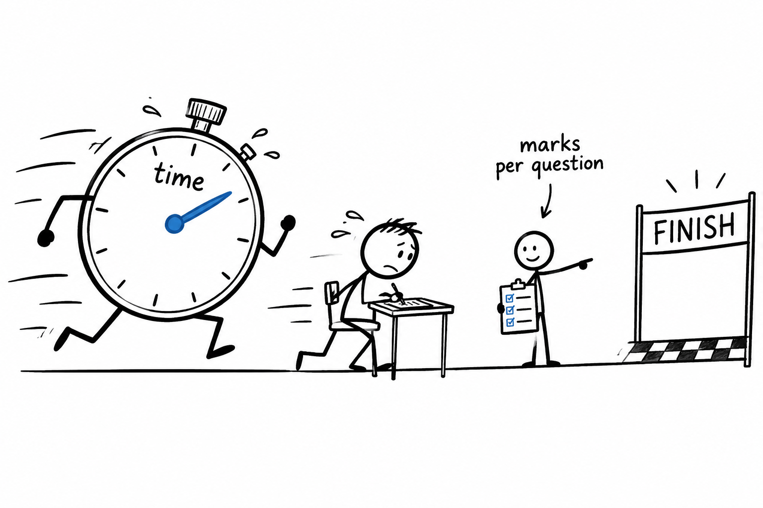 A student escapes an enormous stopwatch by following a marks-per-question checklist
