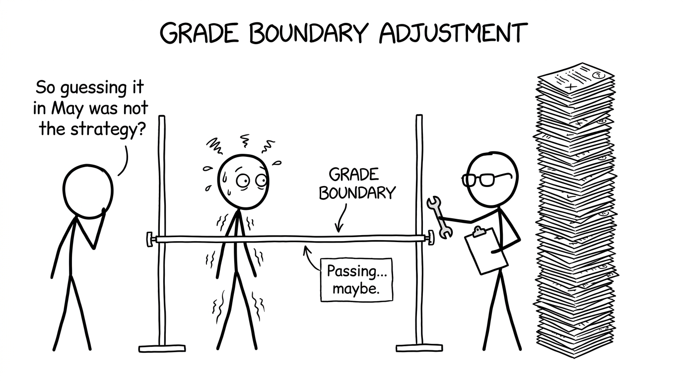 A student discovering that grade boundaries are adjusted after papers are marked