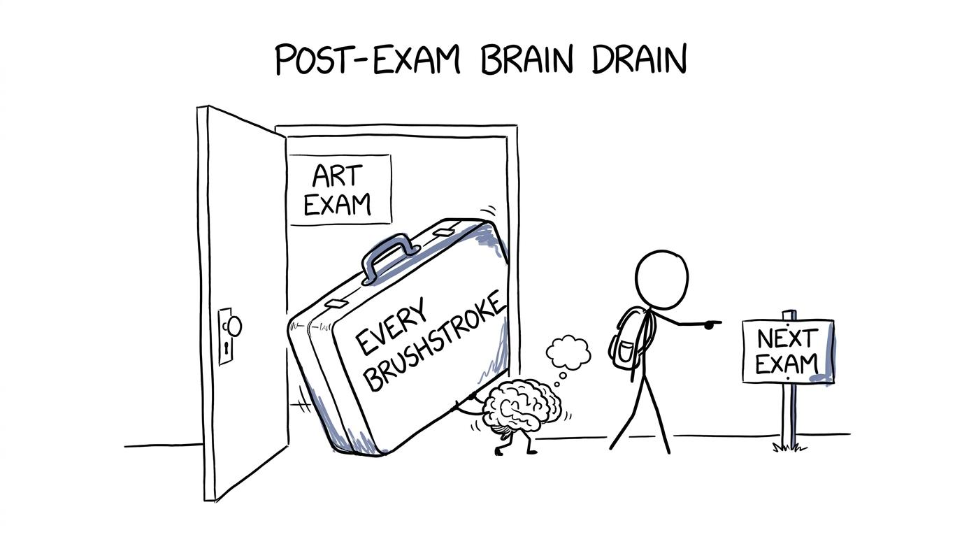 A student leaves the art exam while their brain tries to carry every brushstroke back inside