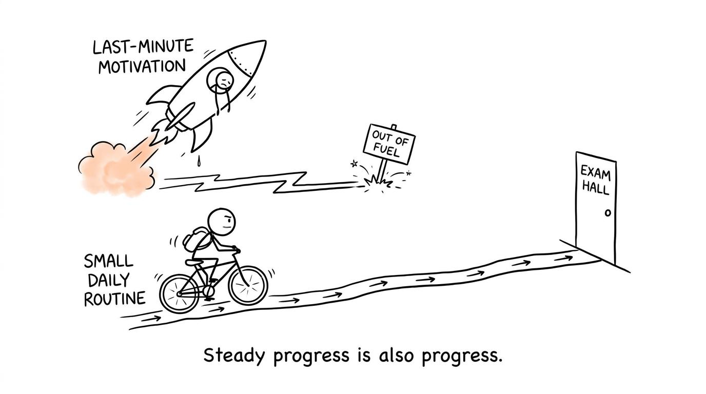 A steady revision bicycle beats a dramatic rocket to the exam hall