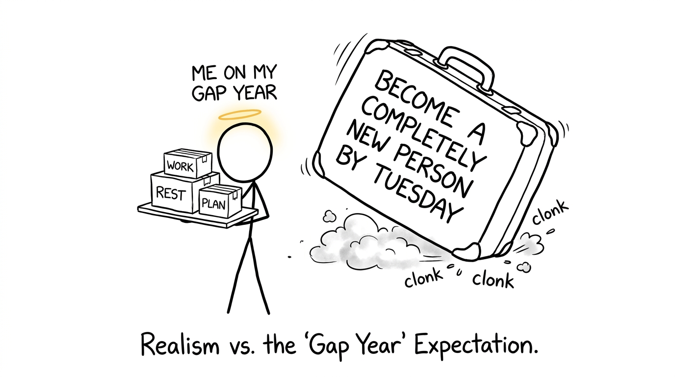 A gap-year student balancing work, rest and planning while an unrealistic suitcase falls over