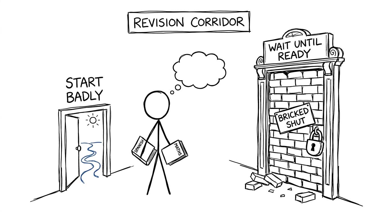 A small door marked start badly opens while waiting until ready leads nowhere