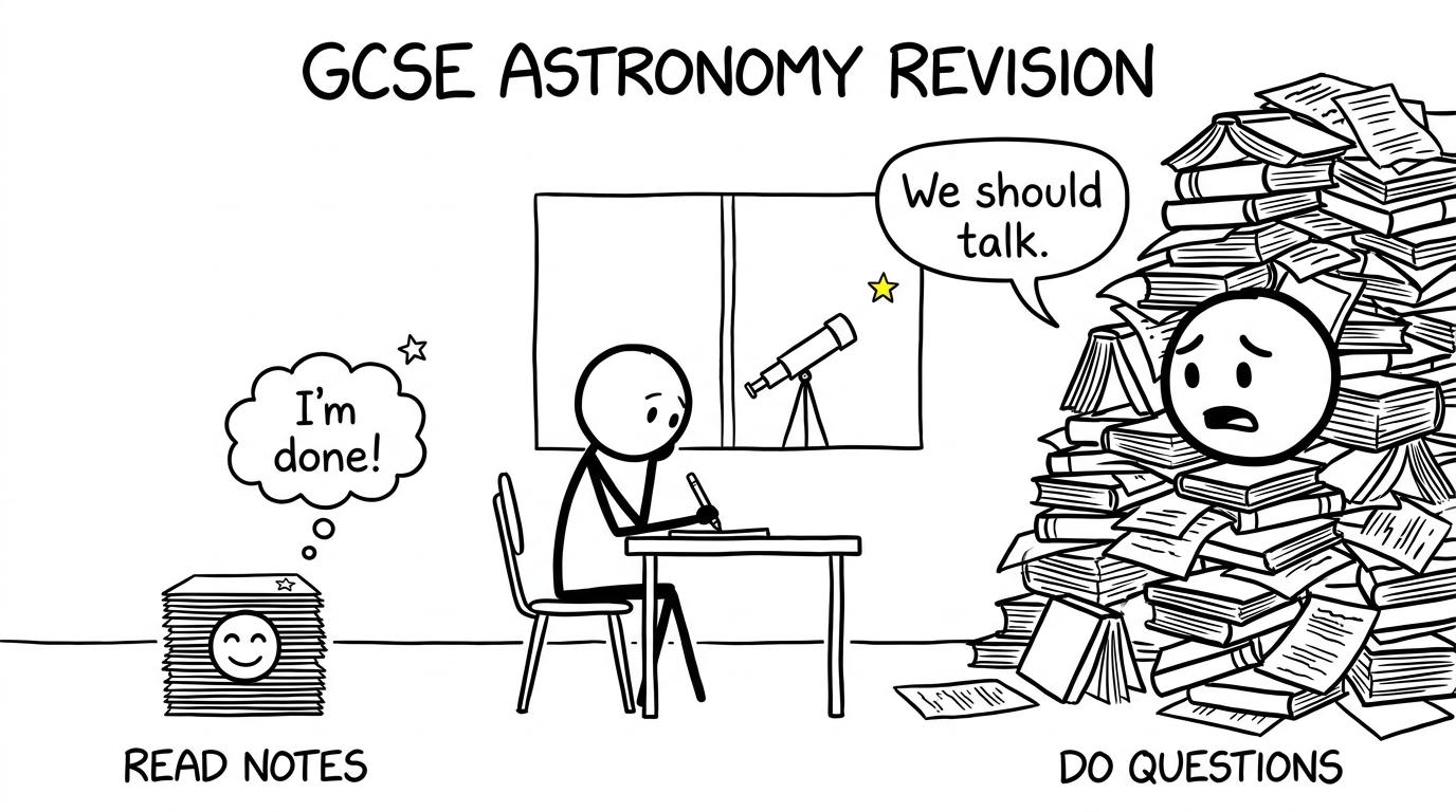 A student discovers that question practice is larger than the notes pile