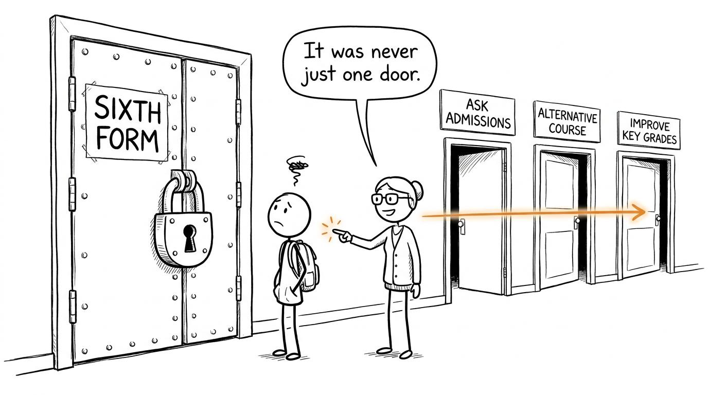 A student discovers several practical doors beside the intimidating sixth-form entrance