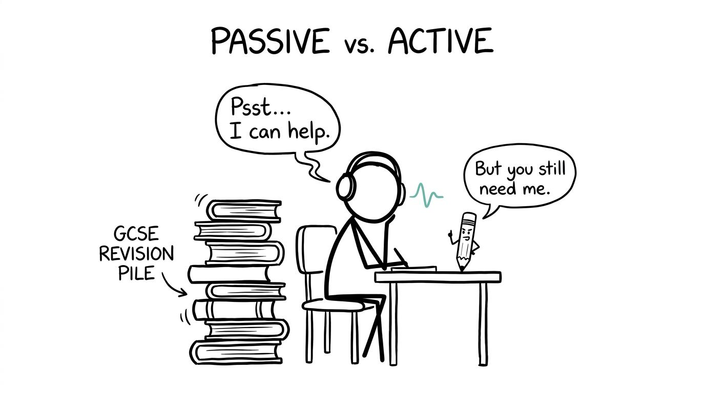 A student, headphones and a pencil debate the limits of passive revision