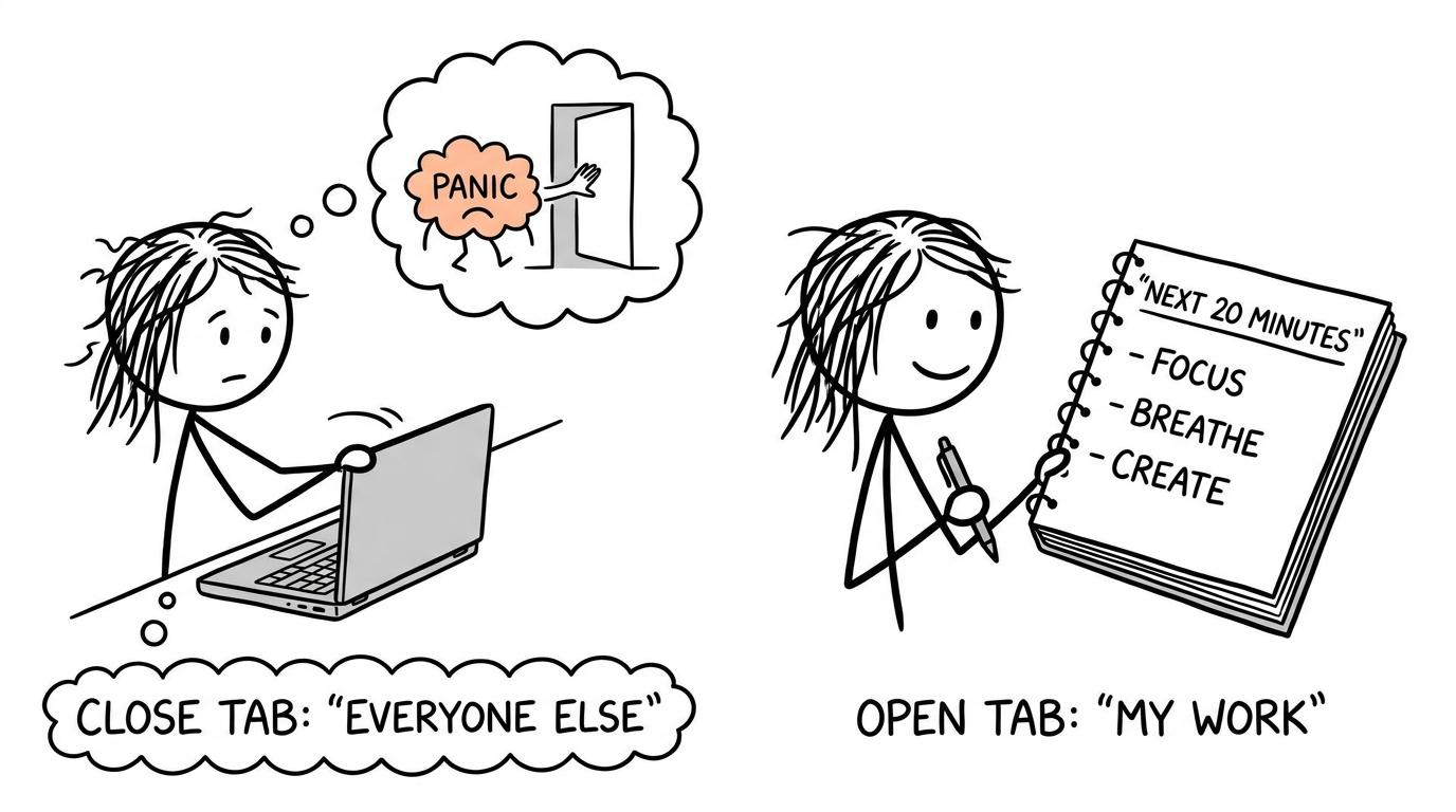 A student closes the unhelpful Everyone Else tab and opens a calm next-task checklist